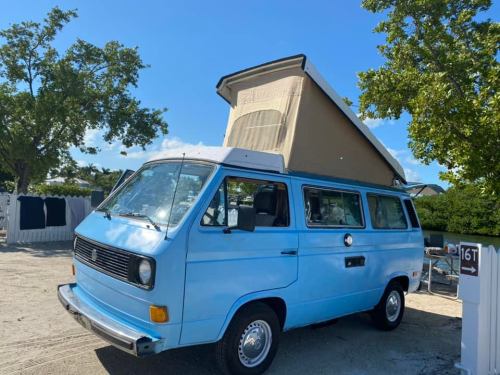 A light blue vintage camper van with a pop-up roof parked under a tree on a sunny day.