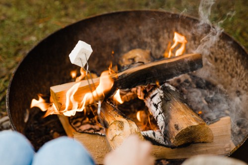 A close-up of a campfire with logs burning and a marshmallow roasting on a stick above the flames.
