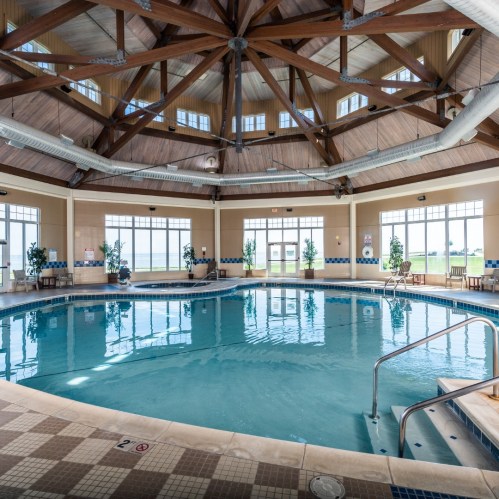 Indoor swimming pool with a wooden ceiling, large windows, and lounge chairs around the water.