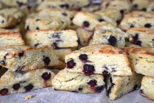 A close-up of freshly baked blueberry scones, golden brown and flaky, arranged in a casual pile.