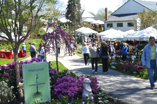A vibrant garden festival with colorful flowers, tents, and visitors enjoying the outdoor event on a sunny day.
