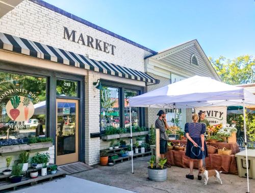 A vibrant market scene with a vendor under a tent, showcasing fresh produce and plants outside a charming storefront.