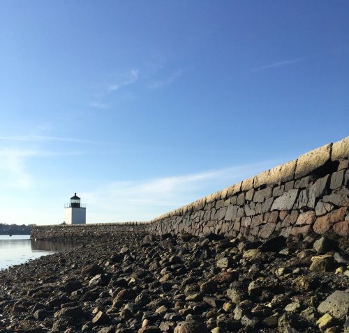 A rocky shoreline leads to a lighthouse under a clear blue sky, with calm water reflecting the scene.