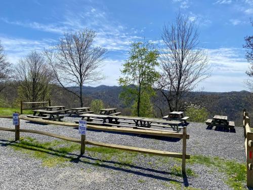 A scenic outdoor area with picnic tables, surrounded by trees and a view of rolling hills under a blue sky.