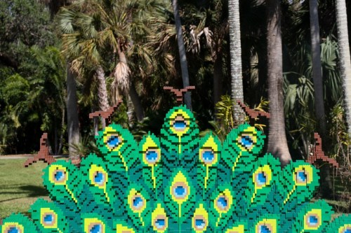 A vibrant peacock made of colorful blocks in a lush garden with palm trees in the background.