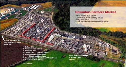 Aerial view of Columbus Farmers Market, showing various sections, entrances, and parking areas in New Jersey.