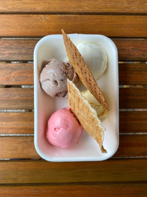 A container with four scoops of ice cream: chocolate, vanilla, strawberry, and a white flavor, with two waffle cones.