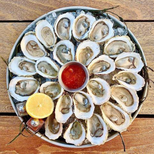 A platter of fresh oysters on ice, served with lemon and cocktail sauce in the center.