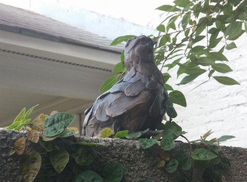 A metal sculpture of a bird perched on a stone wall, surrounded by green leaves.