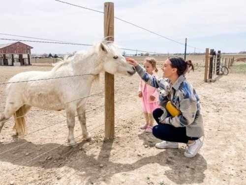 A woman kneels by a white pony while a girl watches, both in a rural setting with a barn in the background.