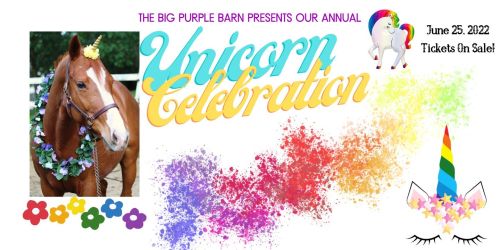 A horse adorned with flowers and a unicorn horn, promoting the Big Purple Barn's Unicorn Celebration event.