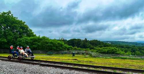 Four people sit on a rail cart along a grassy area with trees and a cloudy sky in the background.