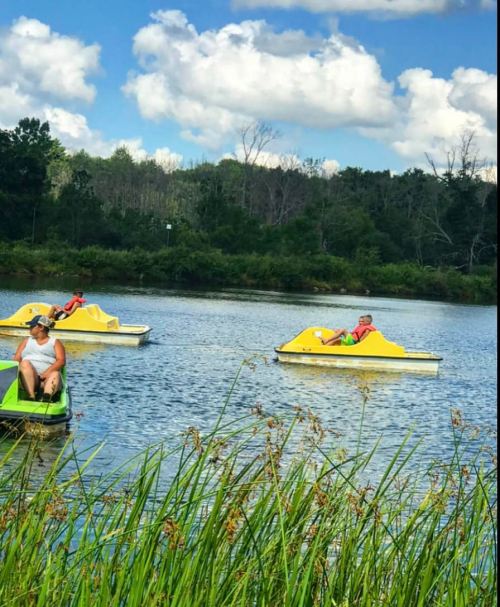 Two people paddle in yellow pedal boats on a calm lake, surrounded by green trees and blue skies with fluffy clouds.