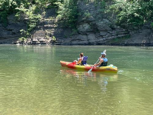 Two people kayaking on a calm river surrounded by lush greenery and rocky cliffs.