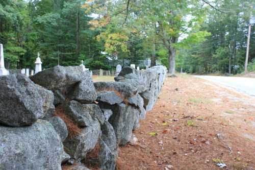 A stone wall lines a gravel path beside a tree-lined road, with gravestones visible in the background.