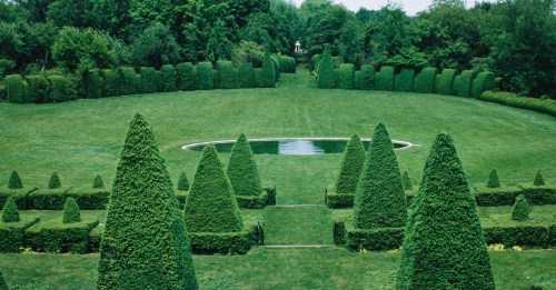 Lush green garden with neatly trimmed hedges, conical topiaries, and a central pond surrounded by manicured lawns.