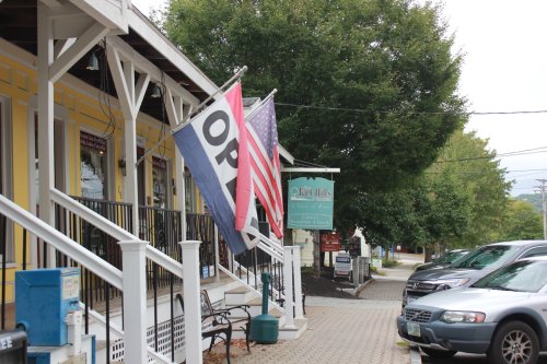 A street view featuring an "OPEN" sign, American flag, and parked cars near a storefront with trees in the background.