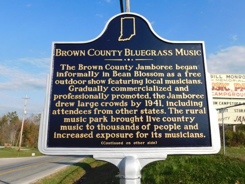 Sign about Brown County Bluegrass Music, detailing the history of the Brown County Jamboree and its impact on local musicians.