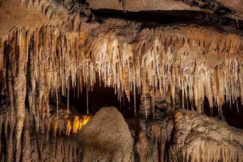 Stalactites and stalagmites in a dimly lit cave, showcasing intricate rock formations and textures.