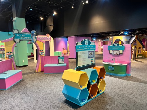 Colorful children's play area with interactive exhibits, including a pet vet station and a playhouse.