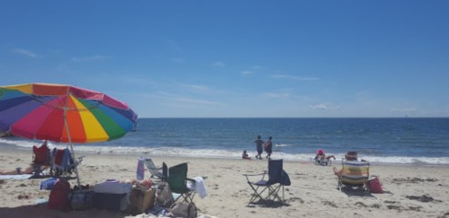 A sunny beach scene with colorful umbrellas, chairs, and people walking along the shore by the water.