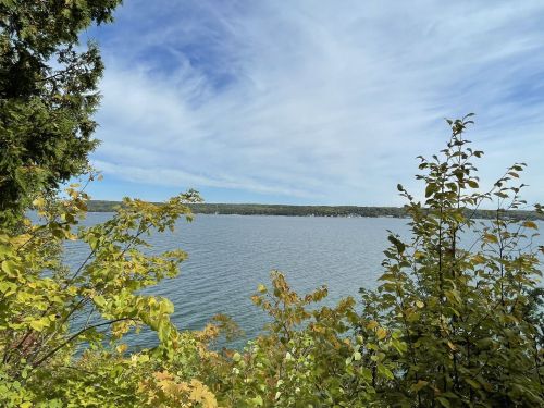 A serene lake view framed by green foliage under a partly cloudy sky.
