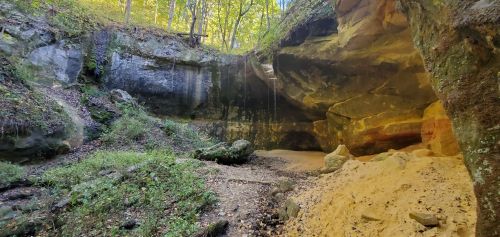 A serene cave with sandy ground, surrounded by lush greenery and rock formations, illuminated by soft natural light.