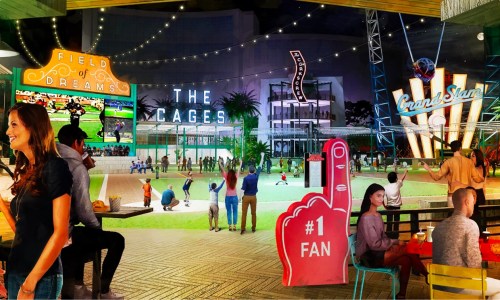 A vibrant outdoor sports venue with fans, games, and entertainment, featuring a large screen and colorful signage.