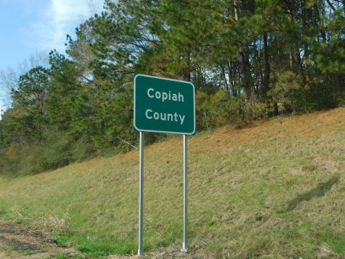 Sign for Copiah County on a grassy roadside, surrounded by trees under a blue sky.