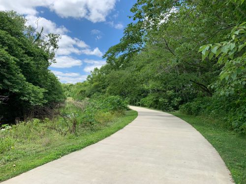 A winding concrete path surrounded by lush greenery and trees under a partly cloudy sky.