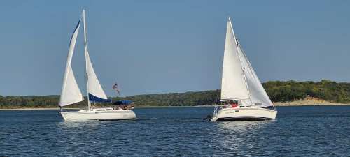Two sailboats glide across a calm lake under a clear blue sky, surrounded by green trees on the shore.