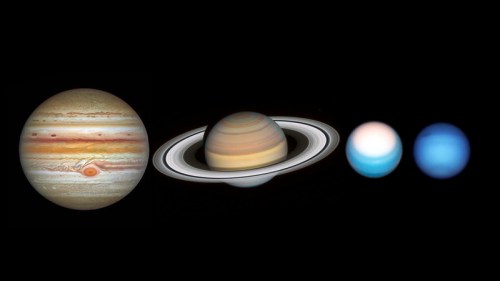 A lineup of planets: Jupiter, Saturn, Uranus, and Neptune against a black background.