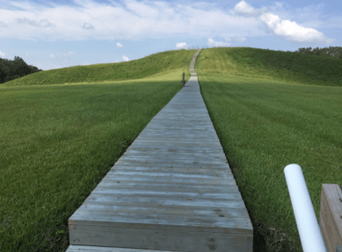 A wooden walkway leads up a grassy hill under a blue sky with scattered clouds.