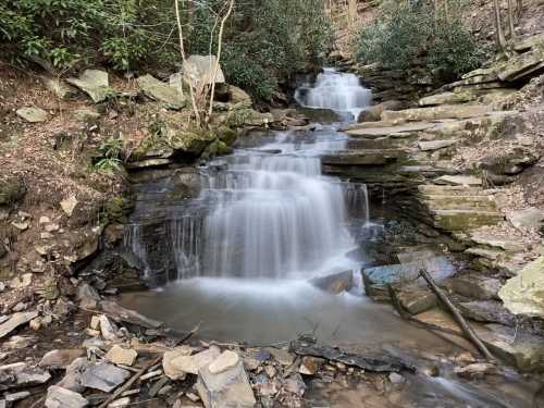 A serene waterfall cascades over rocky steps, surrounded by lush greenery and a tranquil forest setting.