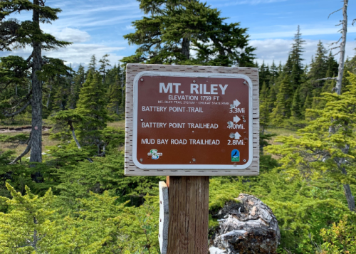 A wooden sign at Mt. Riley showing elevation and trail distances to Battery Point, Mud Bay Road, and other trails.