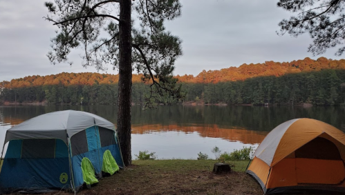 Two tents by a calm lake, surrounded by trees with autumn-colored leaves reflecting on the water.