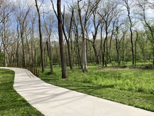 A winding concrete path through a lush green park with tall trees and a grassy area beside a stream.