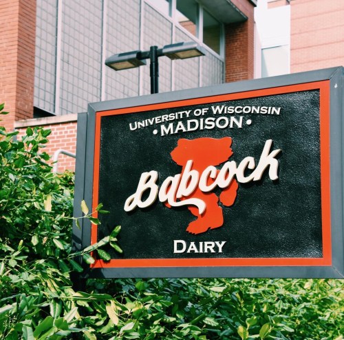 Sign for Babcock Dairy at the University of Wisconsin-Madison, featuring a red and black design with a state outline.
