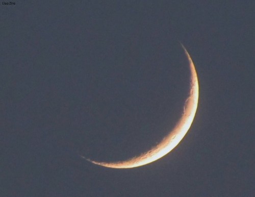 A close-up of a crescent moon against a dark sky, showcasing its illuminated edge and subtle surface details.