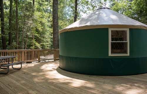 A green yurt on a wooden deck surrounded by trees in a forested area.