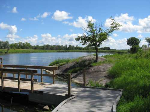 A serene landscape featuring a wooden dock by a calm lake, surrounded by lush greenery and a single tree.