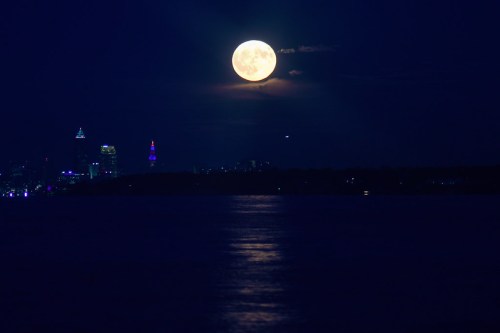 A full moon rises over a city skyline at night, reflecting on calm waters below.