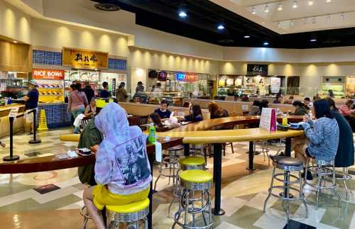 A bustling food court with various eateries, people dining at tables, and a vibrant atmosphere.