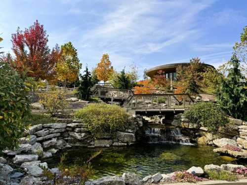 A serene garden scene featuring colorful autumn trees, a small waterfall, and a wooden bridge over a pond.