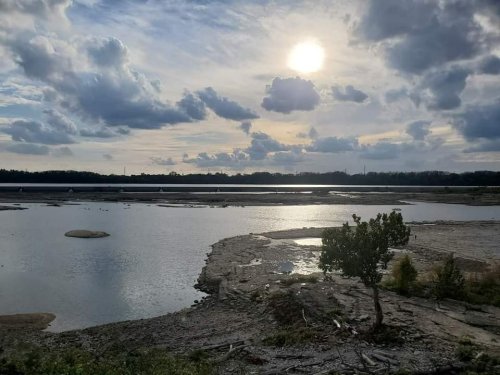 A serene landscape featuring a calm river, a lone tree, and a cloudy sky with the sun shining above.