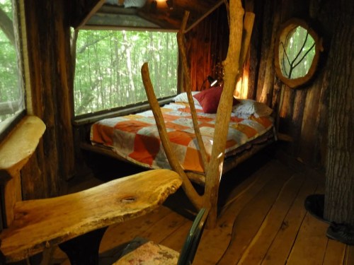 Cozy treehouse interior with a bed, wooden furniture, and large windows overlooking a forest. Warm, rustic atmosphere.