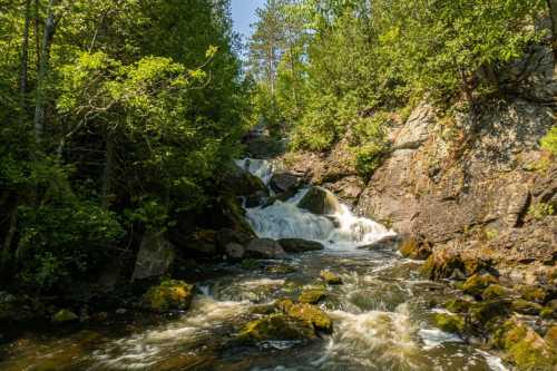 A serene waterfall cascades over rocks, surrounded by lush green trees and foliage in a tranquil natural setting.