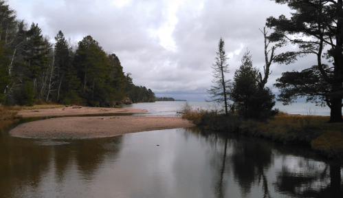 A serene landscape featuring a calm river, sandy shore, and trees under a cloudy sky.