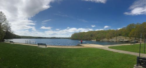 A serene lake view with benches, green grass, and trees under a partly cloudy sky.