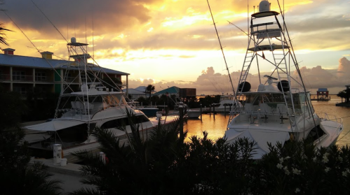Two yachts docked at sunset, with vibrant orange and yellow skies reflecting on the water and a building in the background.